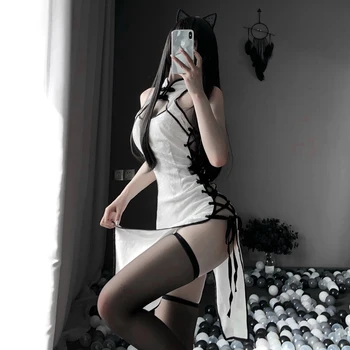  Retro Cheongsam Nightgowns Sieviete Augstas Atvērt Dakša Cosplay Kostīmu Erotiska Anime Sexy Apakšveļa Kleitu Mežģīnes Apģērbs Iedomātā Slim Vienotu