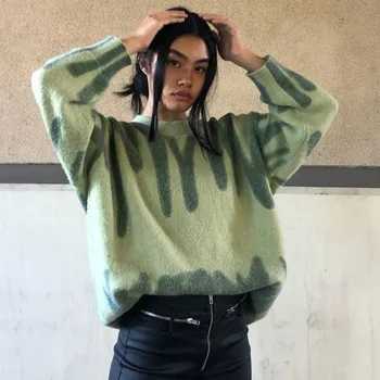  Korejas Zaļā Dzīslu Džemperis Kawaii Zaļā Svītrainām Drukāt Džemperis Ziemas O-Veida Kakla Zaudēt Garām Piedurknēm Streetwear Siltas Virsdrēbes Sievietēm